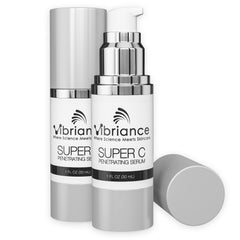 Vibriance Super C Serum bottle close-up highlighting hydration from a premium vitamin C formula