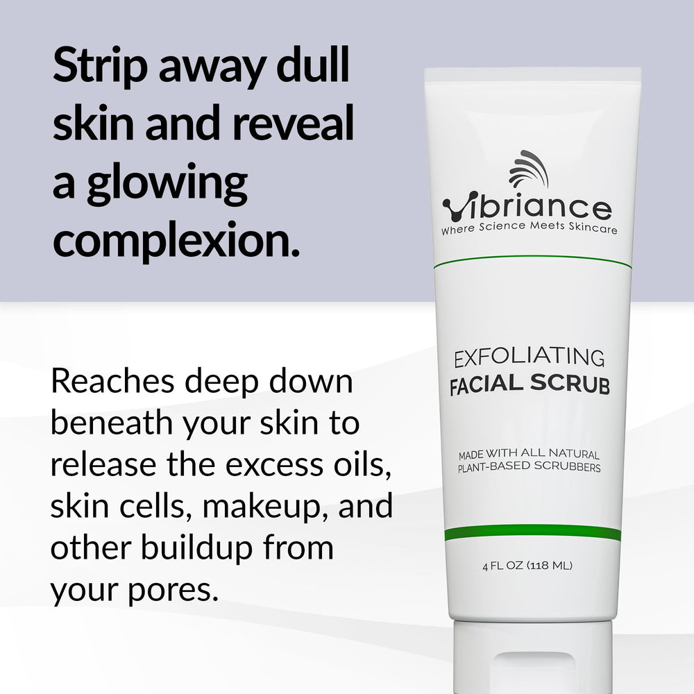 Vibriance Ultra-Gentle Face Scrub bottle front shows sulfate-free formula for all skin types.