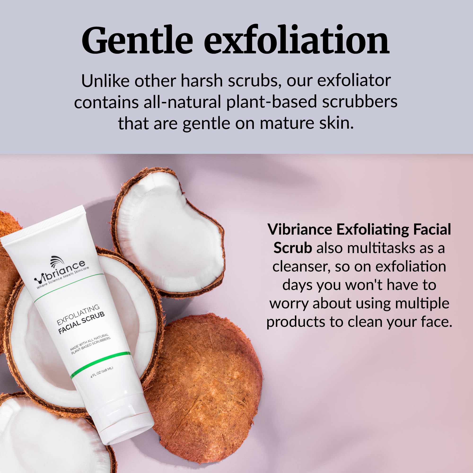 Vibriance Ultra-Gentle Face Scrub cucumber-extract close-up promotes calming cleanse.