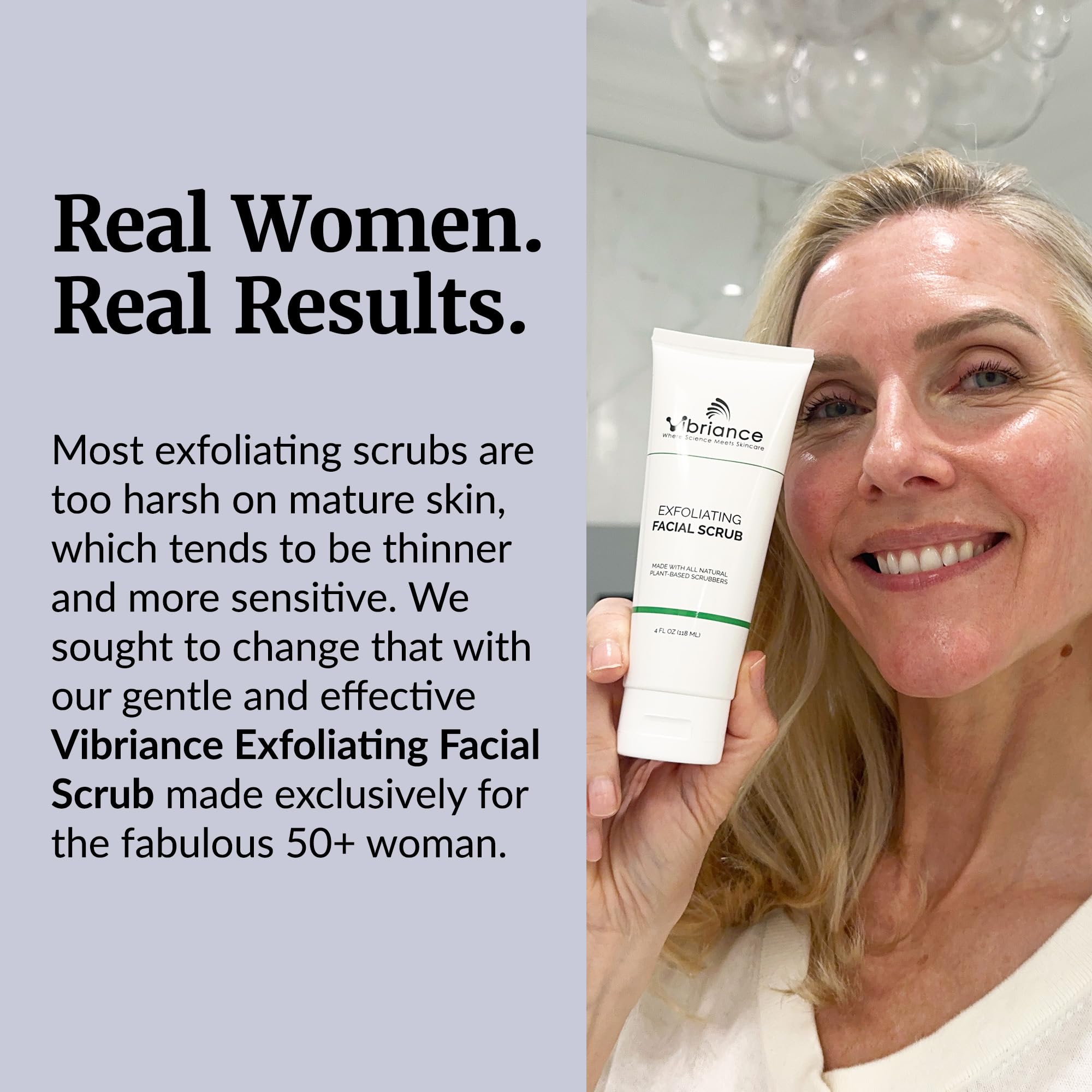 Vibriance Ultra-Gentle Face Scrub use-application illustrates daily skincare routine.