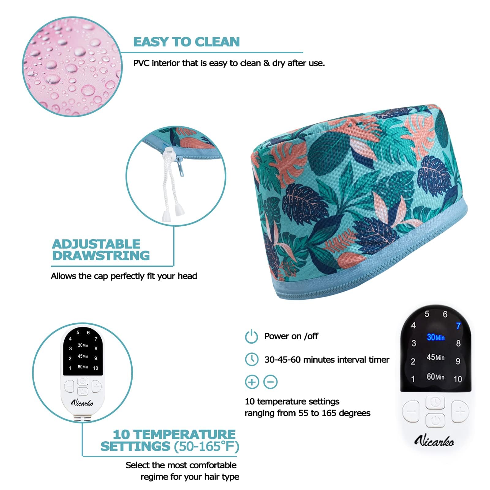 VICARKO Hair Steamer zipper drawstring demonstrates custom fit for most head sizes