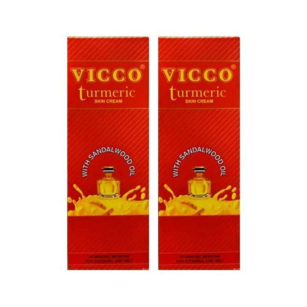 Vicco Turmeric Skin Cream bottle with Sandalwood Oil offering soothing daily moisturization.