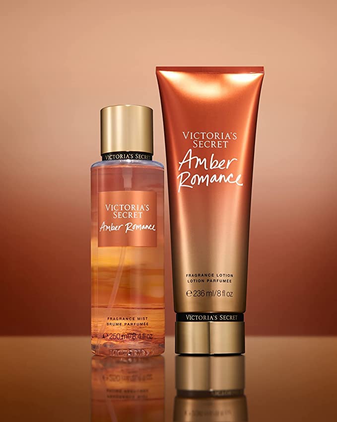 Victoria's Secret Amber Romance set box highlights a gourmand fragrance gift-ready.
