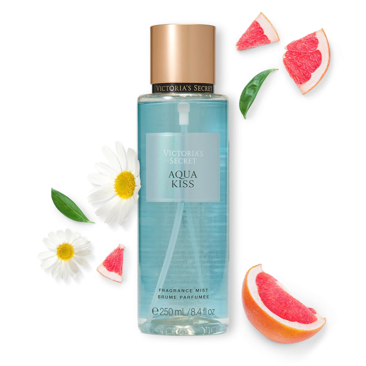 Victoria's Secret Aqua Kiss mist bottle on display for a refreshing lightweight scent.