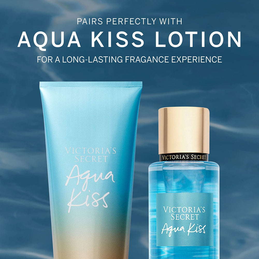 Victoria's Secret Aqua Kiss mist pulse-point spray on necks and wrists for all-day scent.