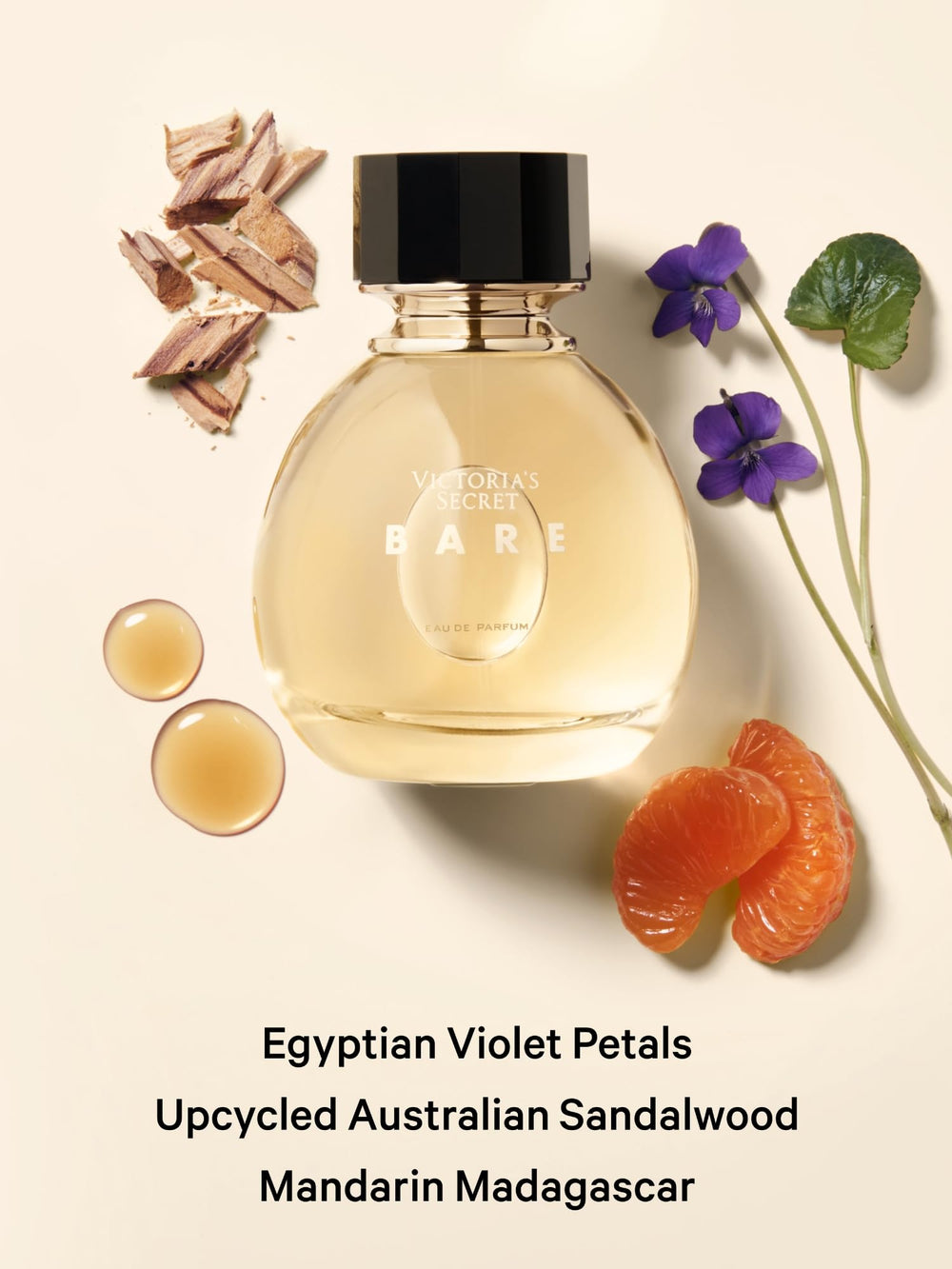 Victoria's Secret Bare fragrance notes visual highlighting sandalwood, mandarin, violet.