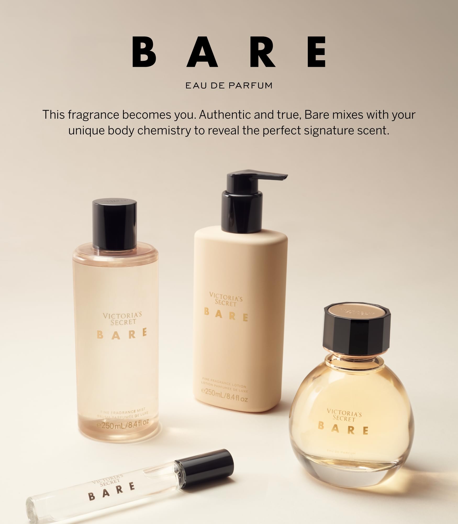 Victoria's Secret Bare packaging display emphasizes luxe travel-ready set.