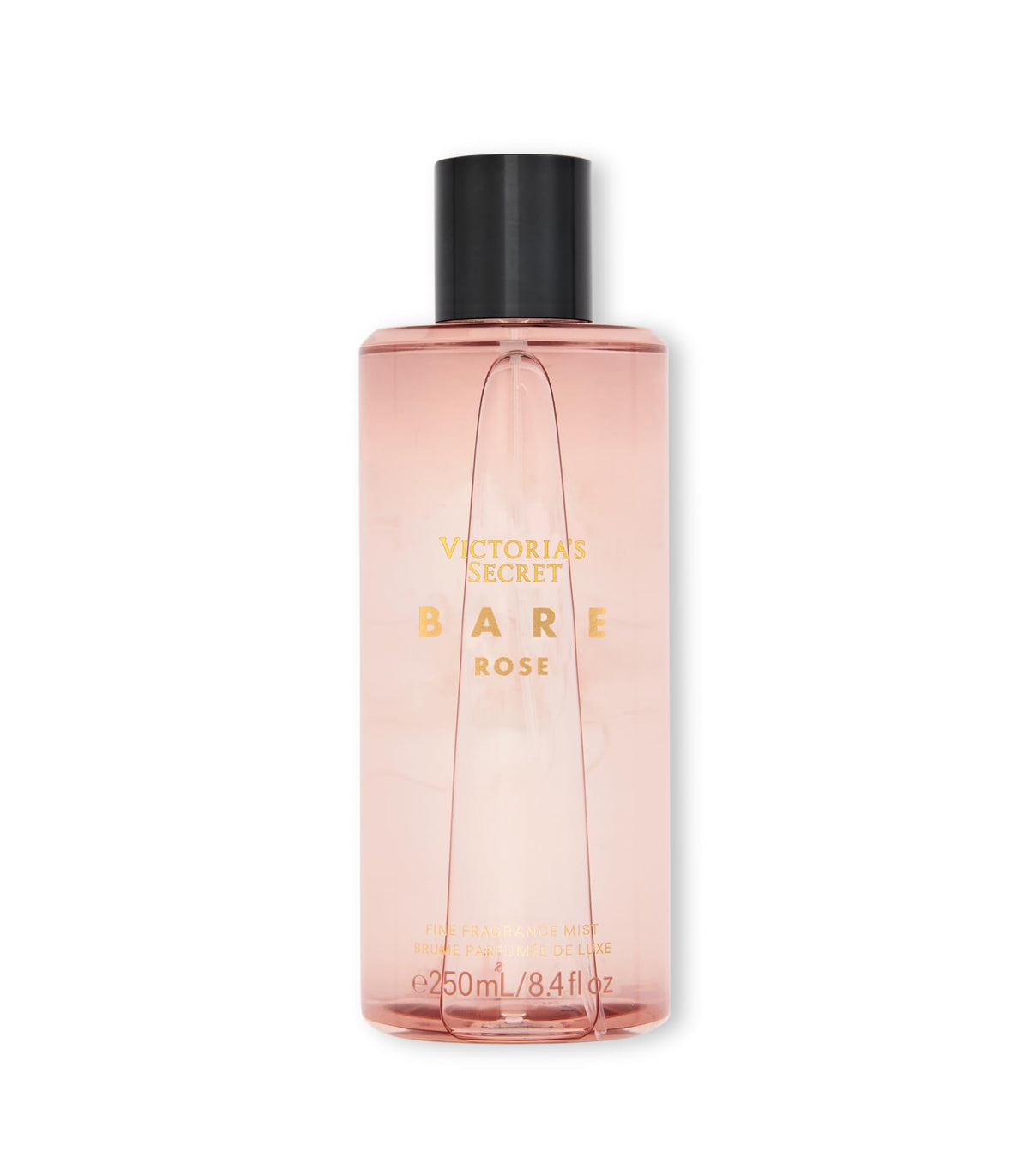 Victoria's Secret Bare Rose fragrance mist bottle showcases warm floral scent for everyday freshness.