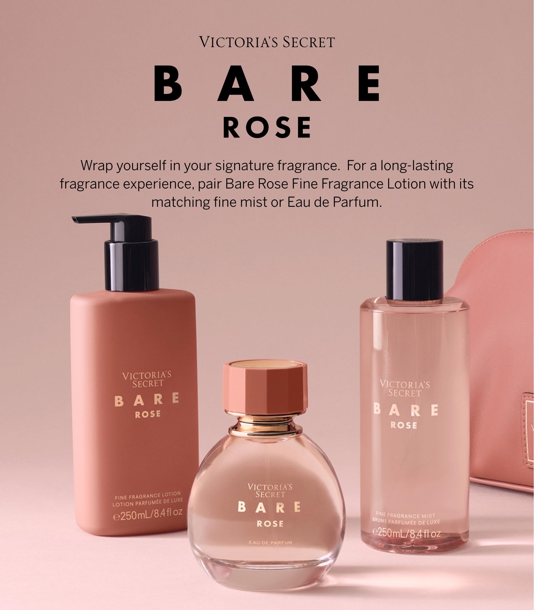 Bare Rose bottle demonstrates 8.4 oz size ready for scent layering