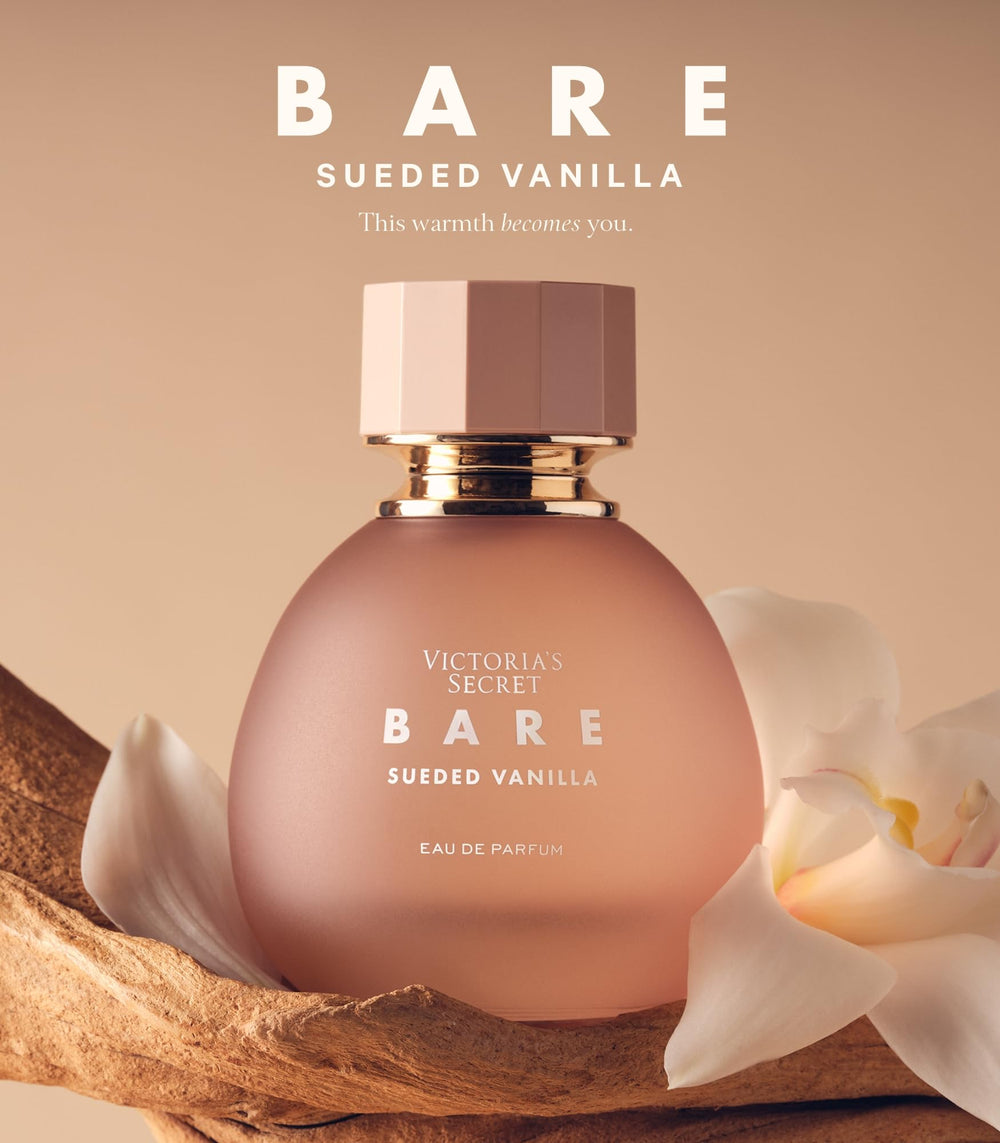 Victoria's Secret Bare Sueded Vanilla label shows warm vanilla woody notes for layering.