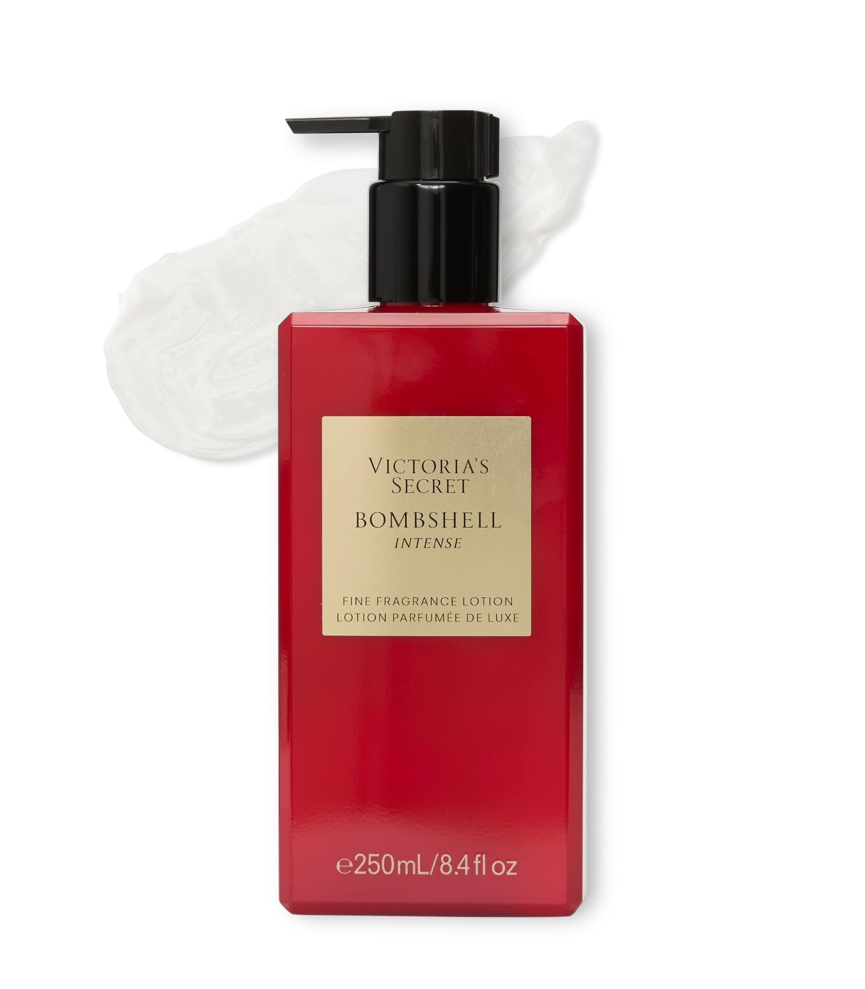 Victoria's Secret Bombshell Intense lotion bottle close-up highlighting fast-absorbing, skin-nourishing formula.