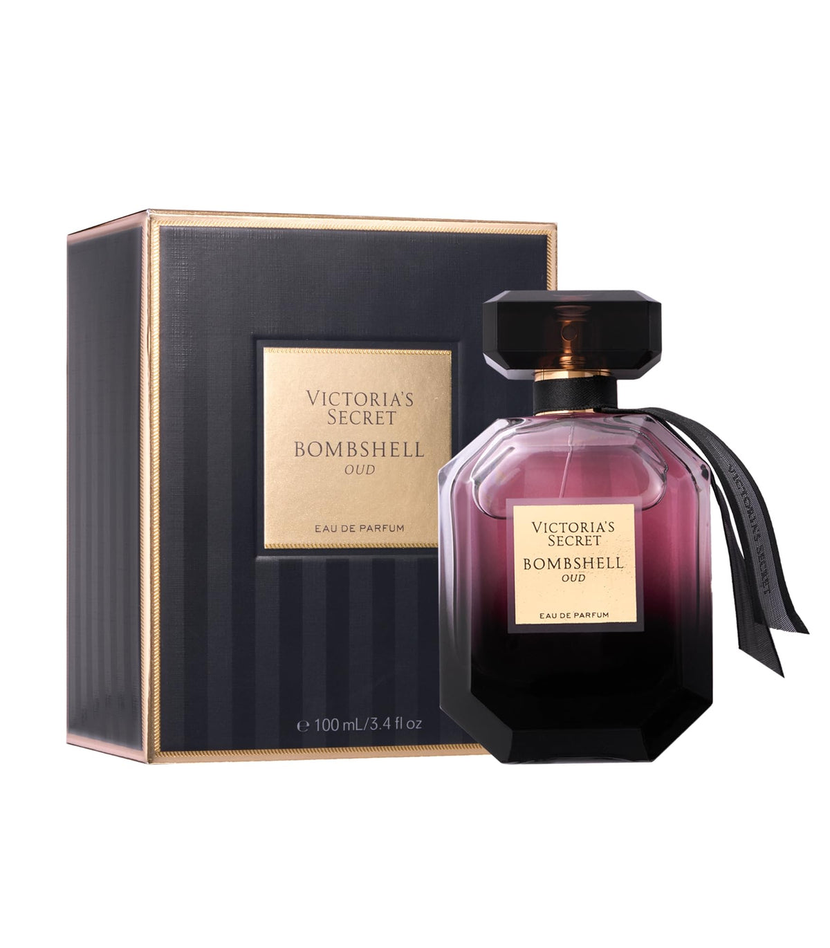 Victoria's Secret Bombshell Oud bottle closeup reveals rich oud ideal for evening wear.