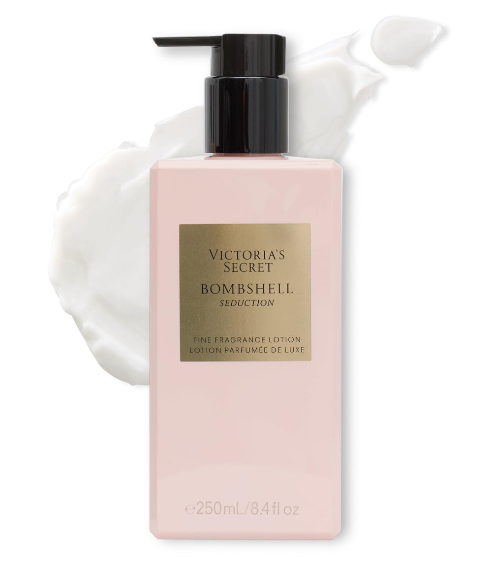 Victoria's Secret Bombshell Seduction lotion bottle on a dresser for everyday fragrance.