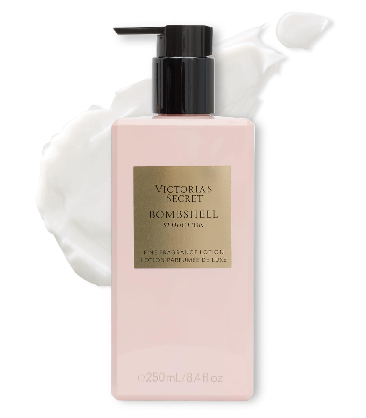 Victoria's Secret Bombshell Seduction lotion bottle on a dresser for everyday fragrance.
