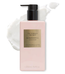 Victoria's Secret Bombshell Seduction lotion bottle on a dresser for everyday fragrance.