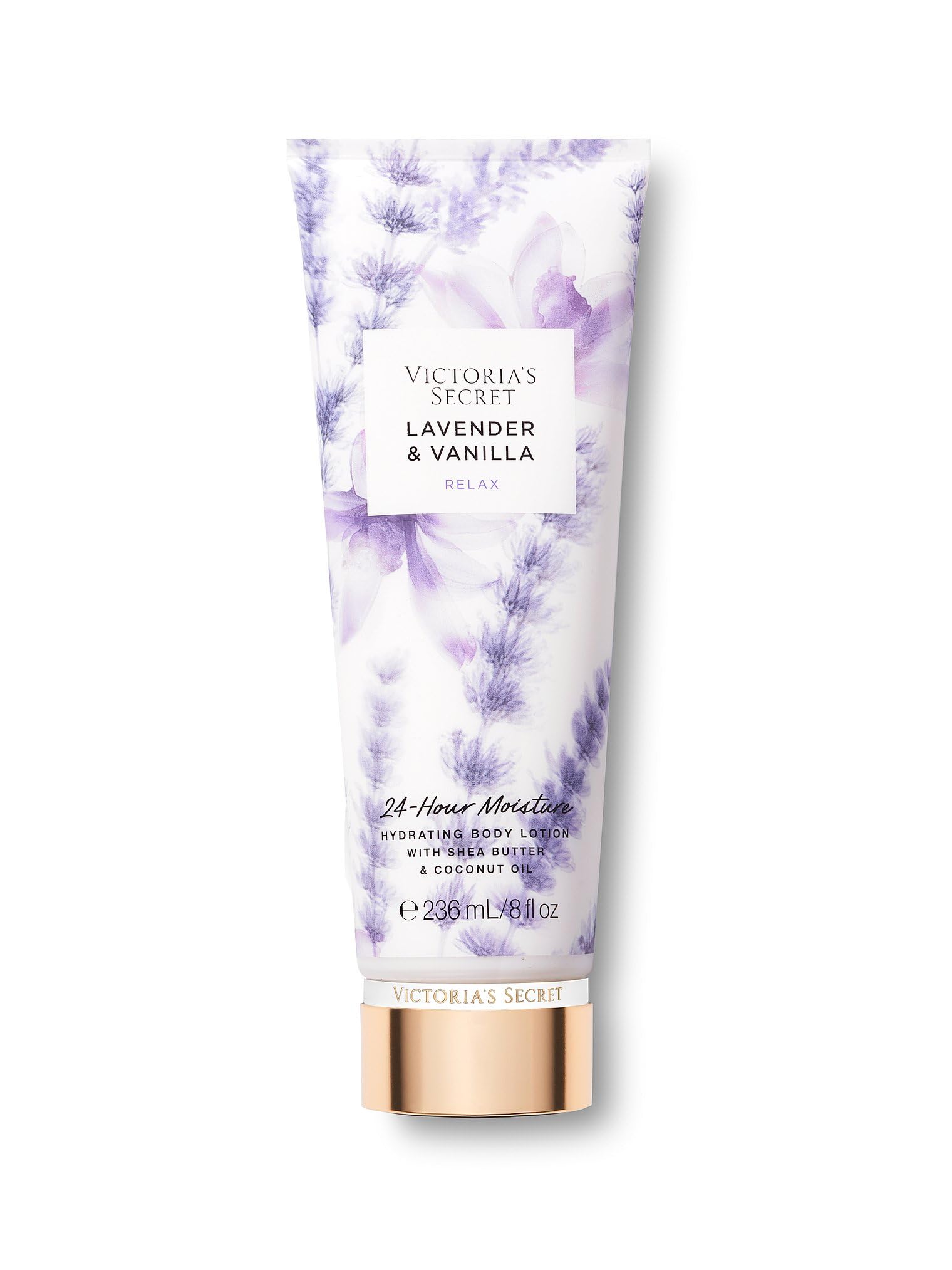 Victoria's Secret Lavender Vanilla body lotion bottle delivering silky hydration.