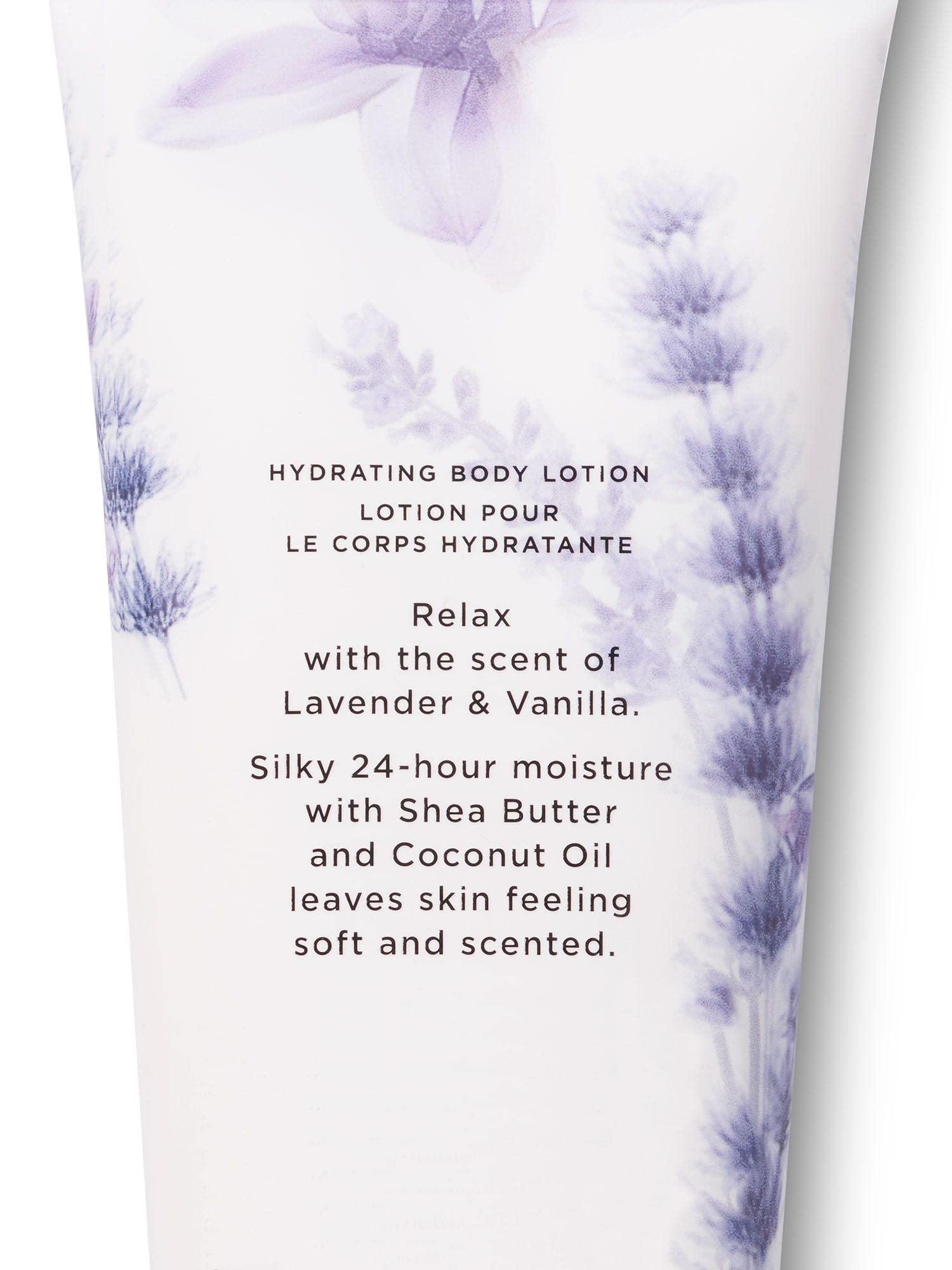 Victoria's Secret Lavender Vanilla label close-up highlighting fragrance notes.