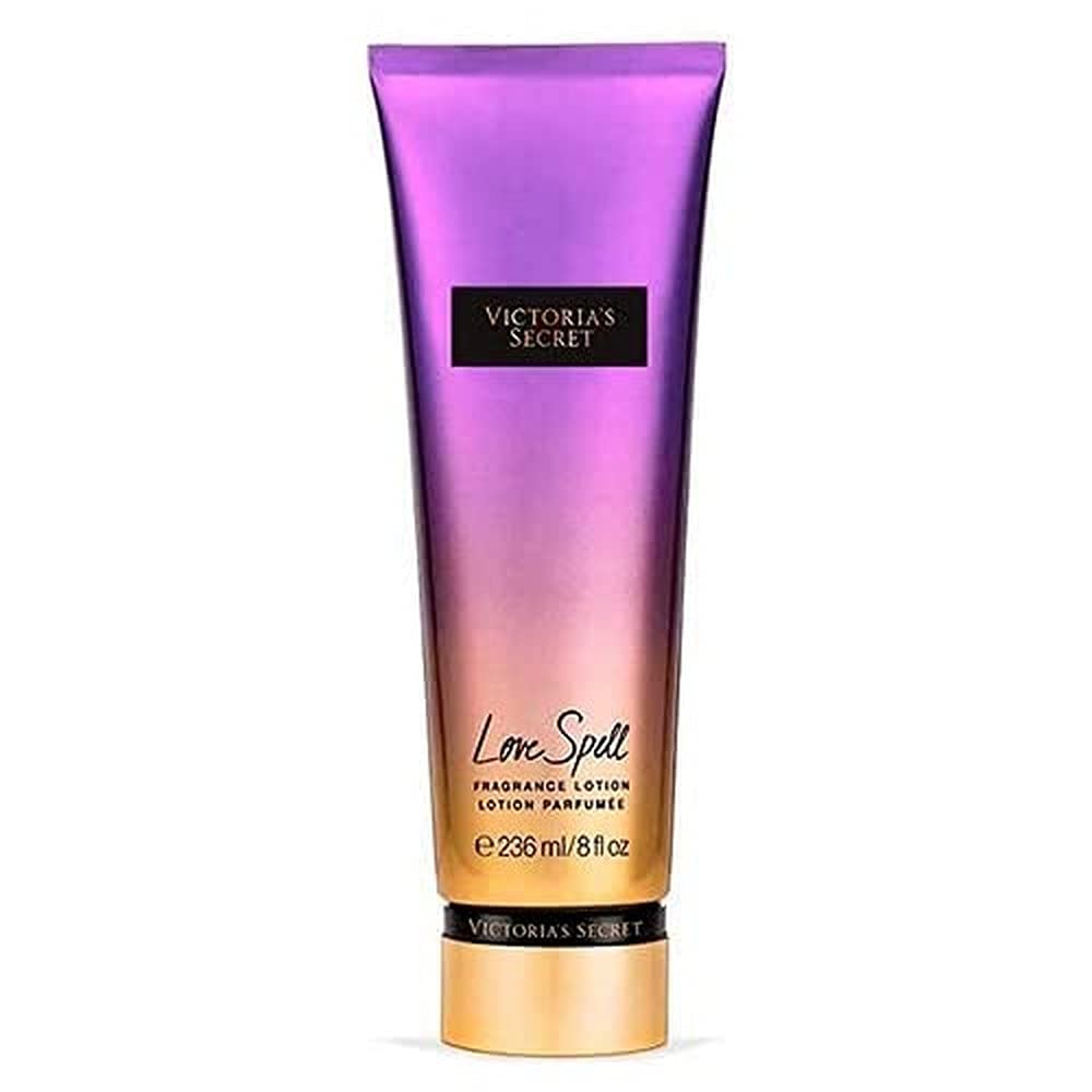 Victoria's Secret Love Spell lotion bottle shows cherry blossom and peach fragrance for daily hydration.