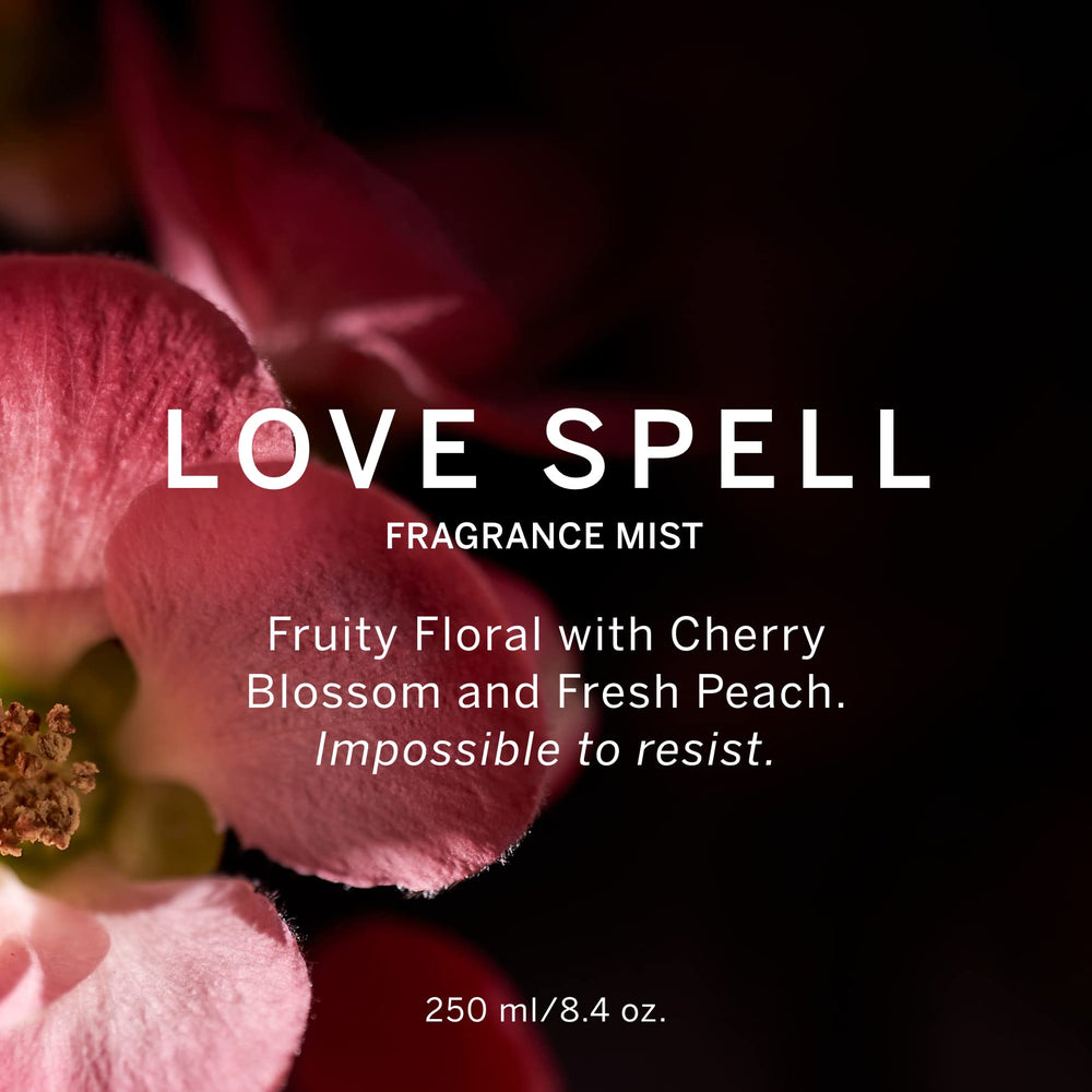 Victoria's Secret Love Spell mist splash on skin to enhance mood with fruity floral notes.