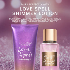 Victoria's Secret Love Spell Shimmer Mist splash demonstrates playful fragrance for casual wear.