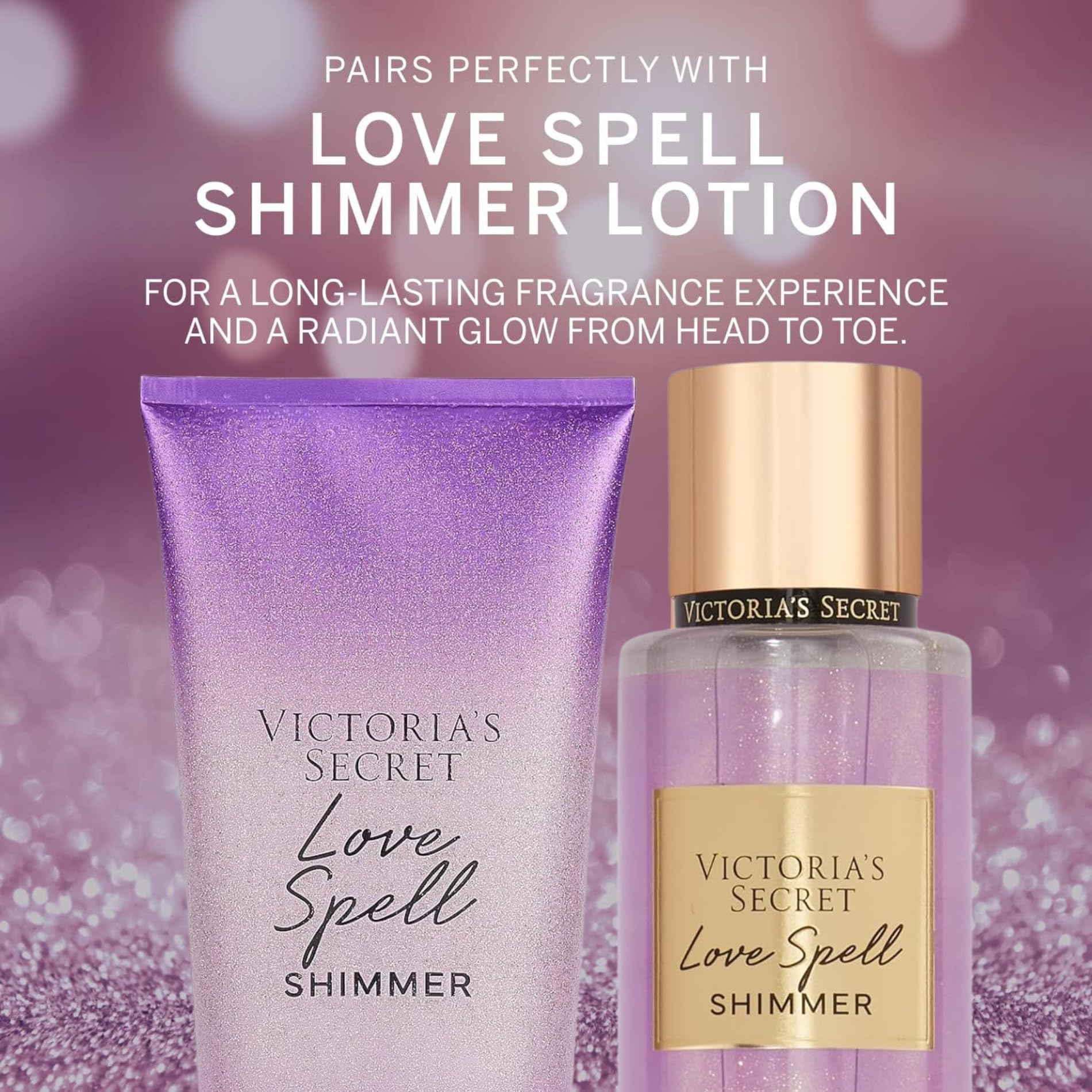 Victoria's Secret Love Spell Shimmer Packaging Box shows gift-ready presentation.