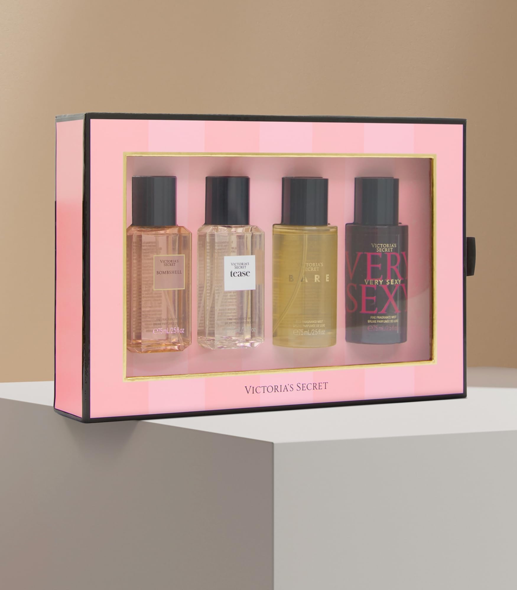 Victoria's Secret mini mist bottles four-piece display shows portable fragrance options