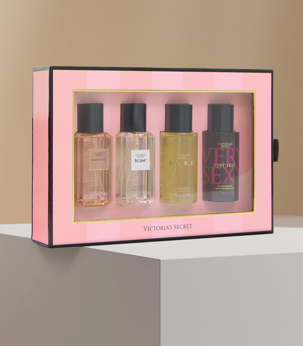 Victoria's Secret mini mist bottles four-piece display shows portable fragrance options