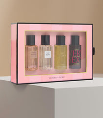 Victoria's Secret mini mist bottles four-piece display shows portable fragrance options