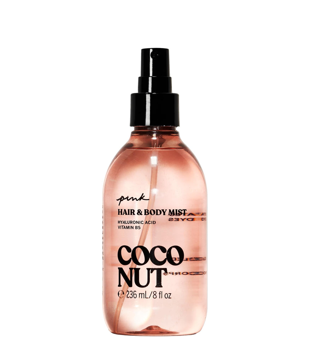 Victoria's Secret PINK Coconut Hair & Body Mist bottle for refreshing skin and hair.