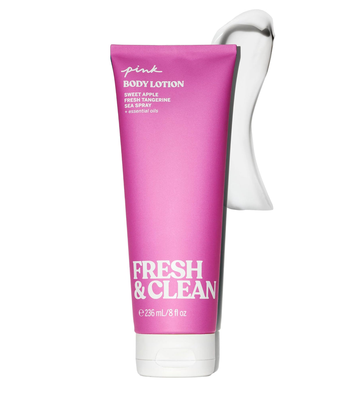 Victoria's Secret Pink Fresh & Clean lotion bottle with vibrant branding for daily hydration.