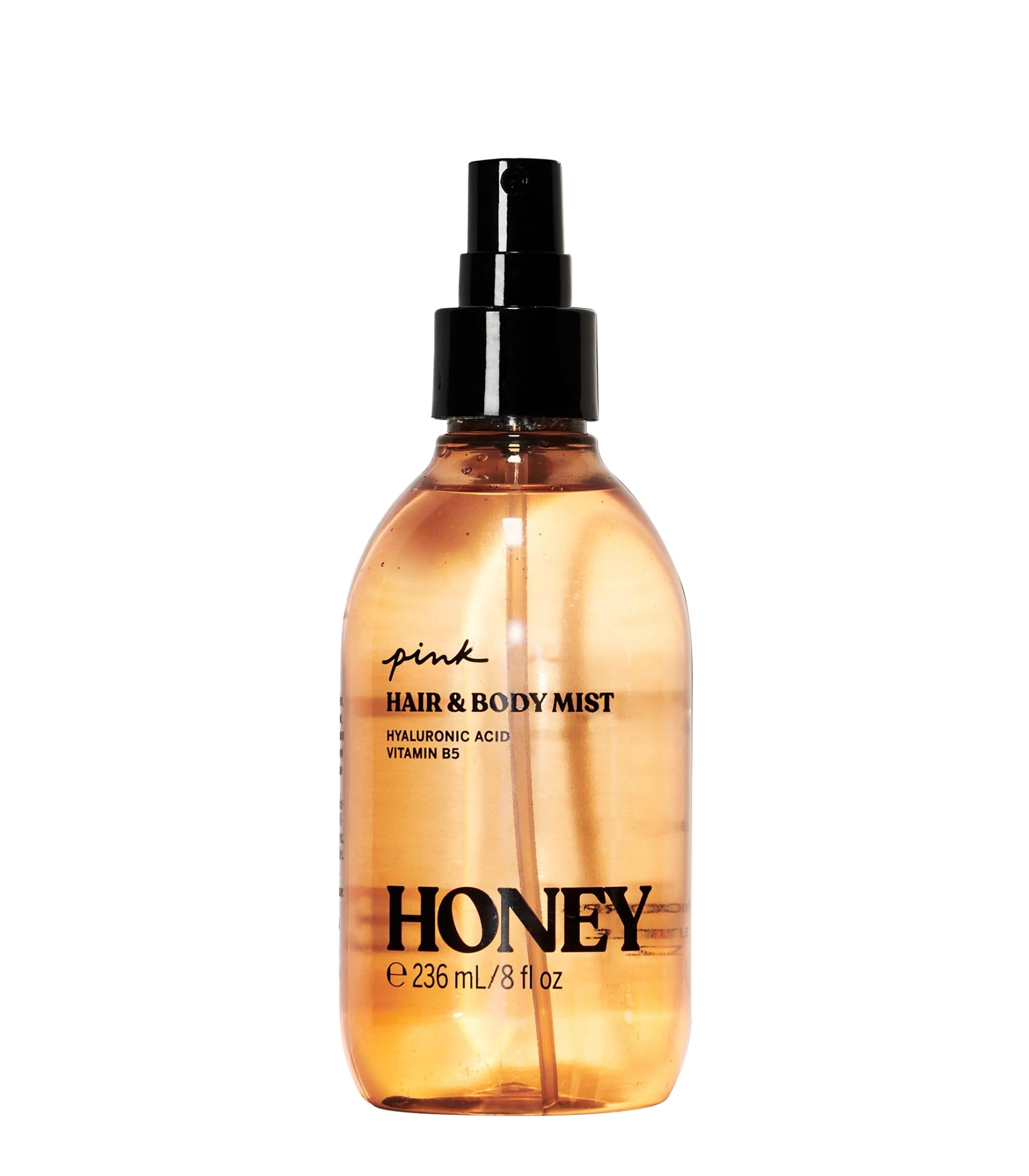 Victoria's Secret PINK Honey Hair & Body Mist bottle for a refreshing, alcohol-free scent.