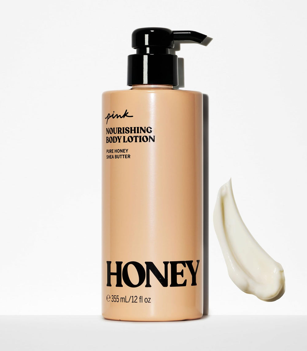 Victoria's Secret Pink Honey Nourishing Body Lotion label highlights Pure Honey
