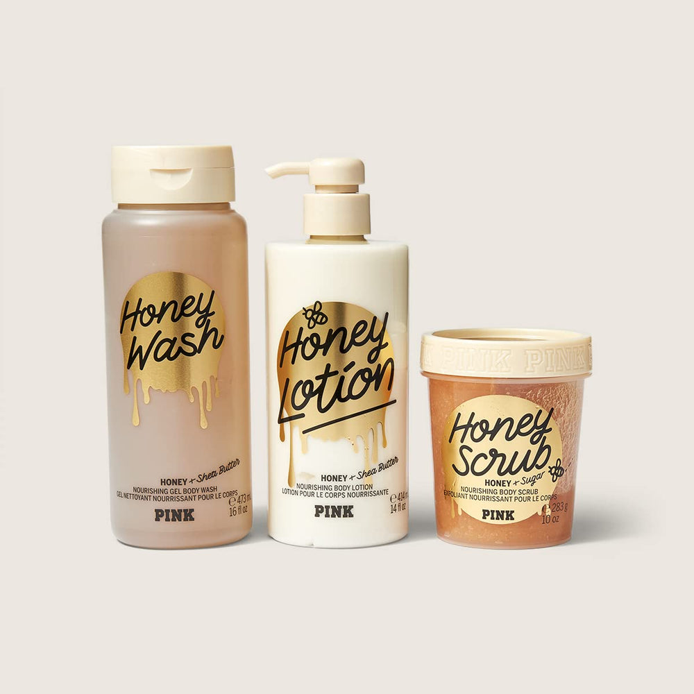 Victoria's Secret Pink Honey Nourishing Scrub animal-testing-free badge emphasizes ethics in skincare.