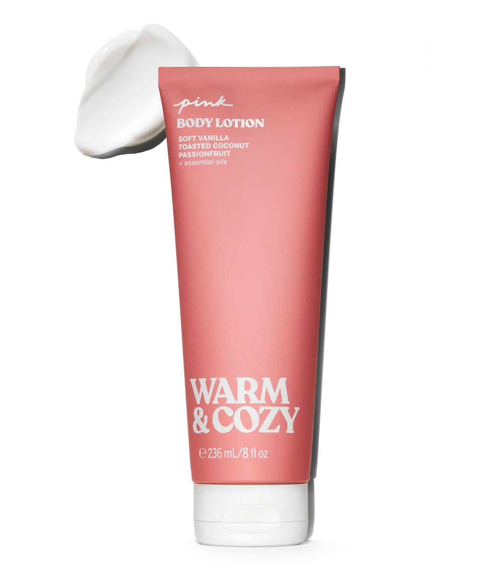 Victoria's Secret PINK Warm and Cozy lotion bottle shows comforting vanilla coconut fragrance.