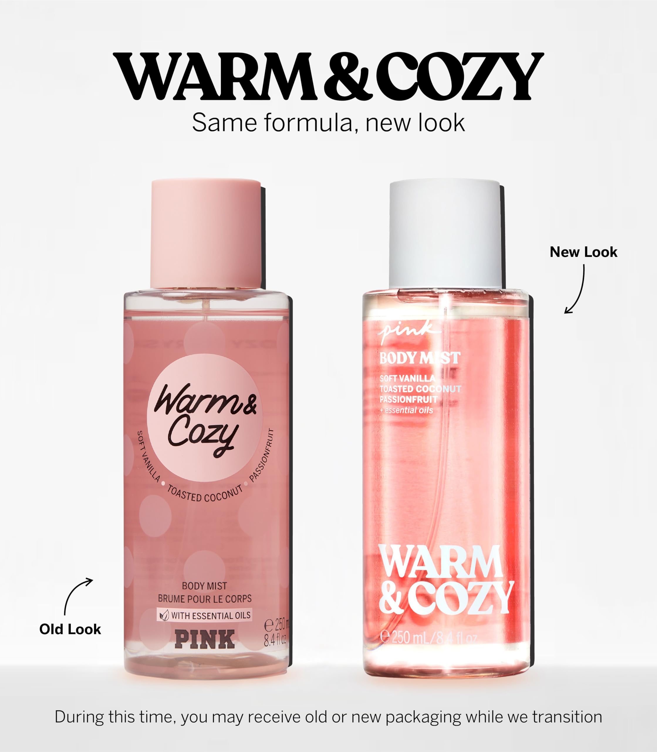 Victoria's Secret Pink Warm & Cozy packaging highlighting recycled bottle content