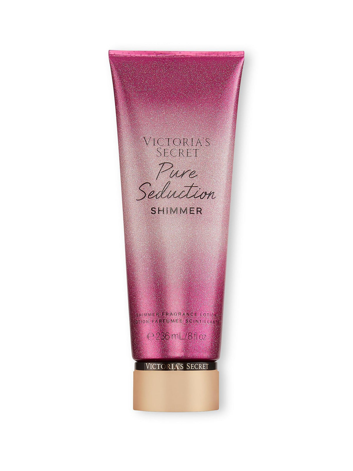 Victoria's Secret Pure Seduction Shimmer bottle showing fruity plum and freesia notes for lasting fragrance