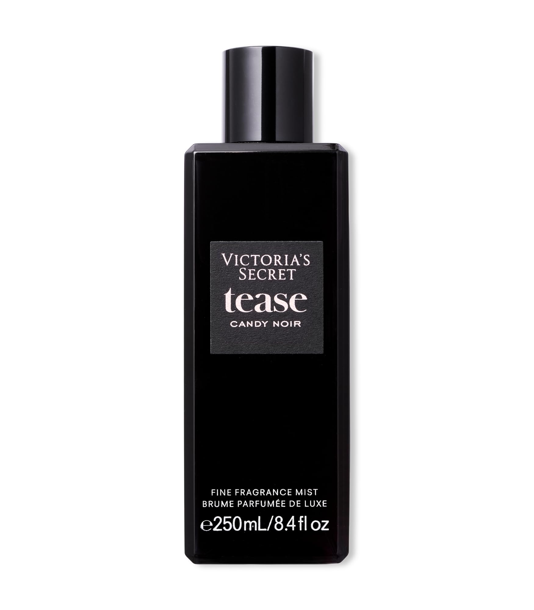 Victoria's Secret Tease Candy Noir bottle closeup—luxury fragrance vibe for product visuals.