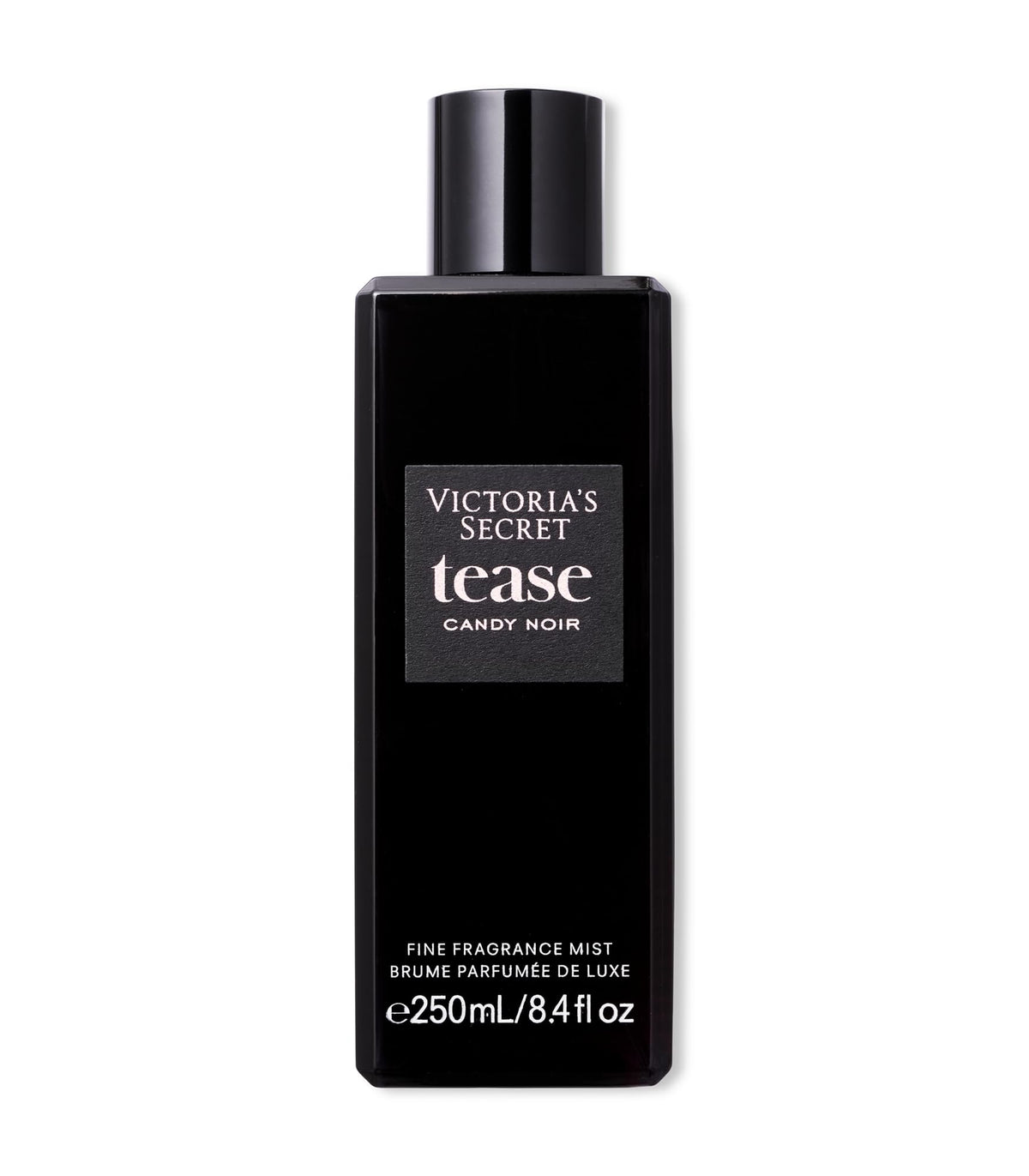 Victoria's Secret Tease Candy Noir bottle closeup—luxury fragrance vibe for product visuals.