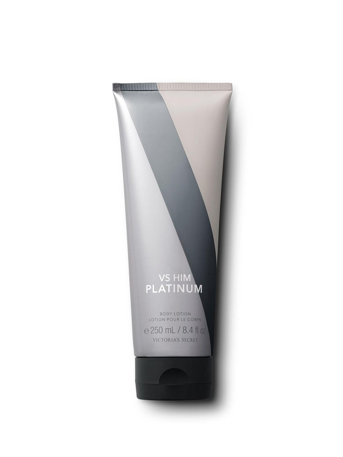 Victoria's Secret VS Him Platinum body lotion bottle close-up with woody notes for daily wear.