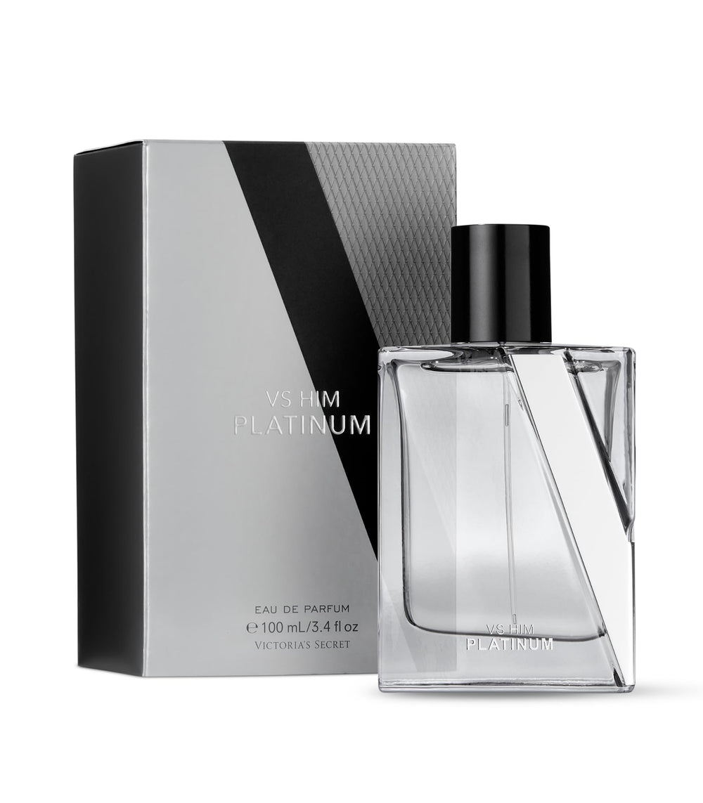 Victoria's Secret VS Him Platinum bottle front with a long-lasting aromatic woody scent