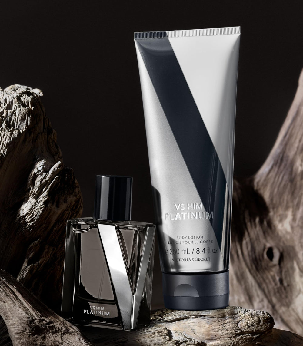 Victoria's Secret VS Him Platinum packaging on shelf conveying modern masculine aesthetic.