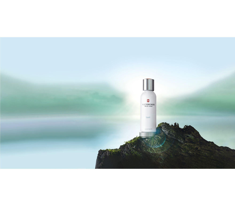 Victorinox Swiss Army Sport EDT bottle side label highlights the aromatic fougere profile for daily wear.