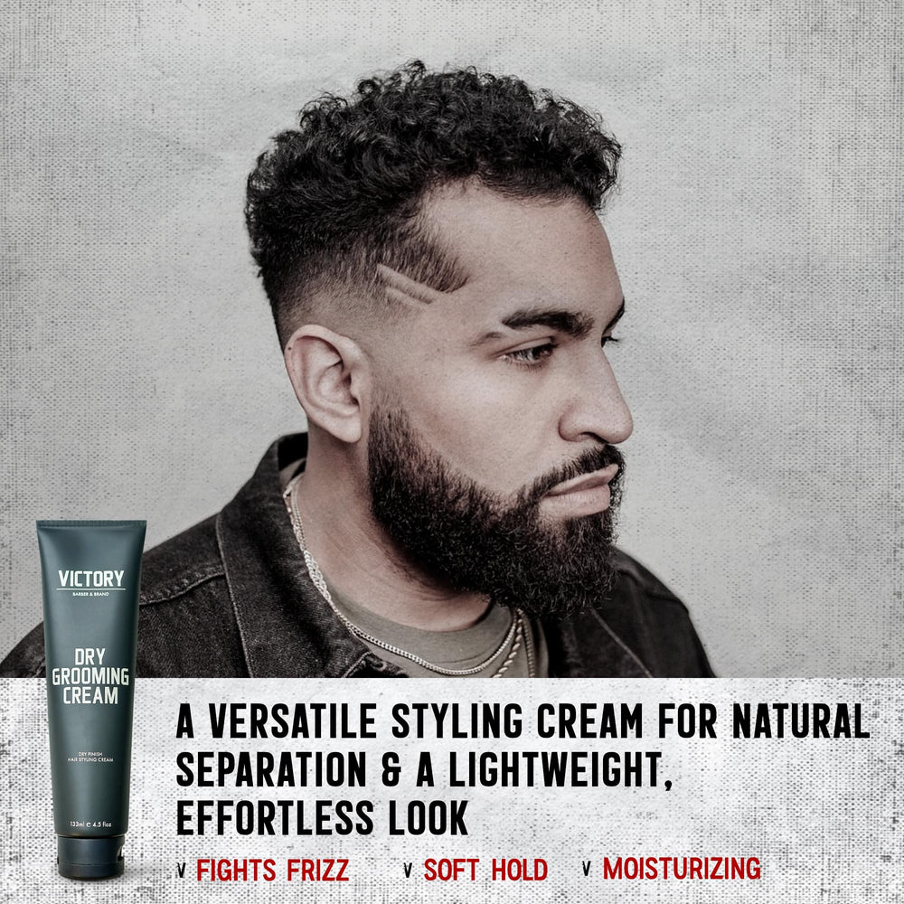 Victory Dry Grooming Cream on damp hair ready to shape.