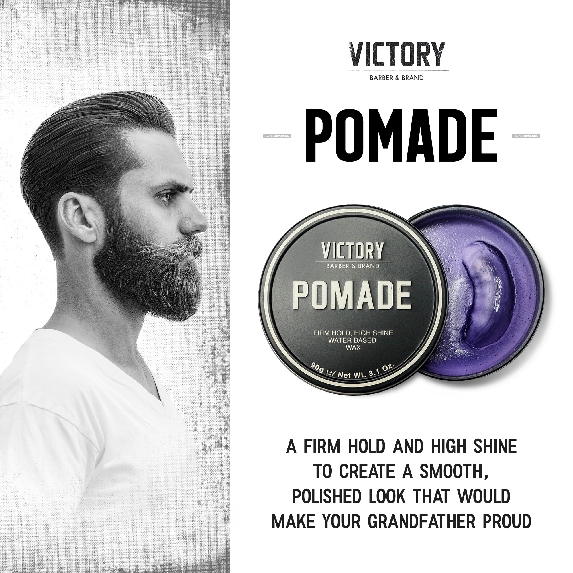 Victory Pomade application hands illustrating easy styling and control