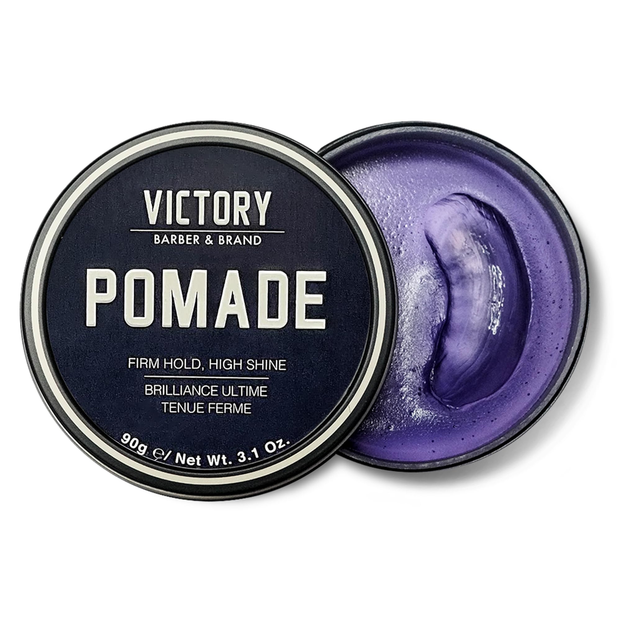 Victory Pomade for Men jar closeup showing firm hold and glossy finish