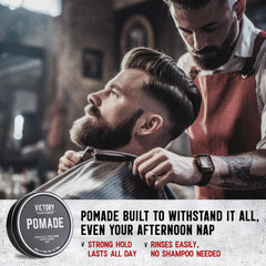 Victory Pomade high-shine finish on a polished hairstyle