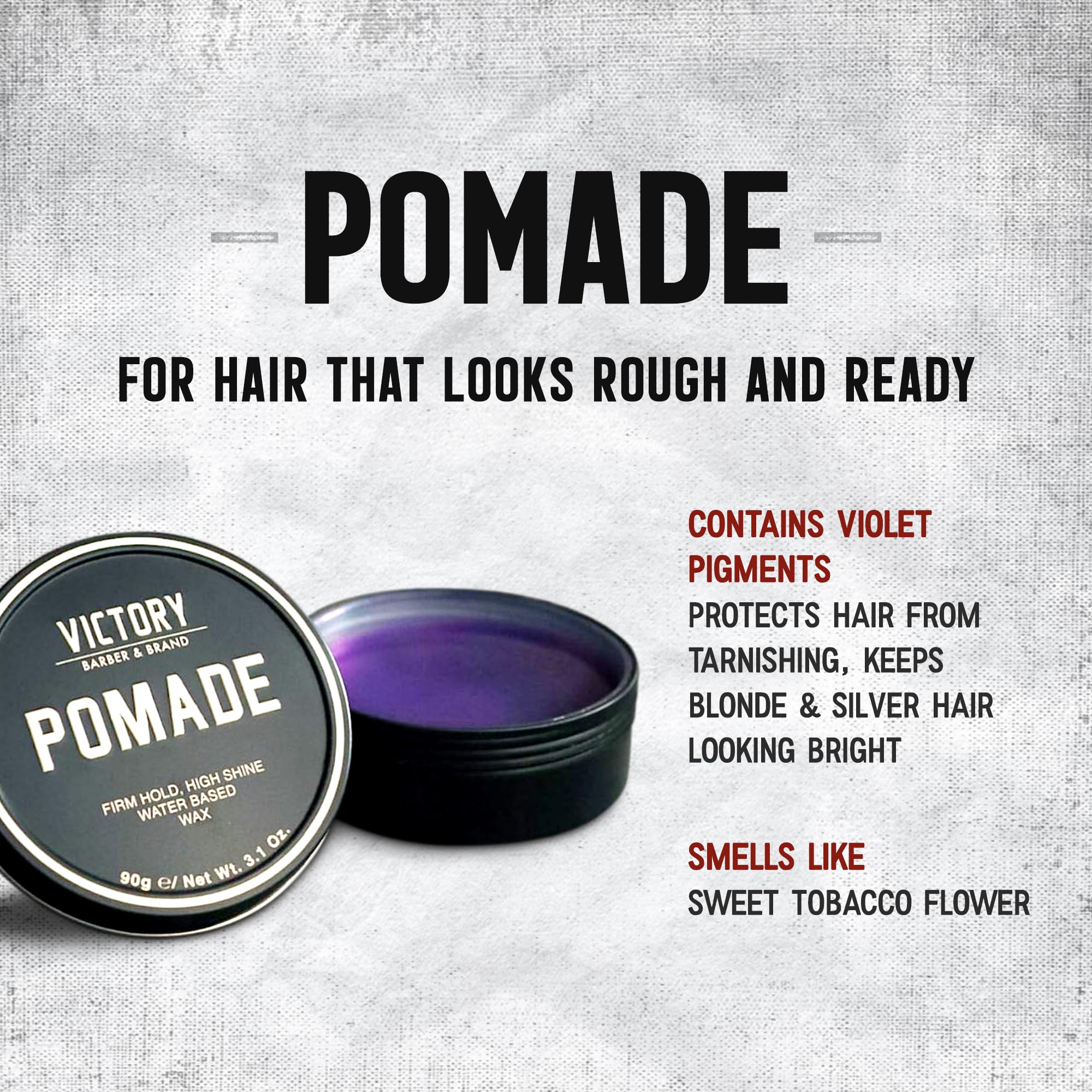 Victory Pomade purple pigment visible in hair for masculine tone