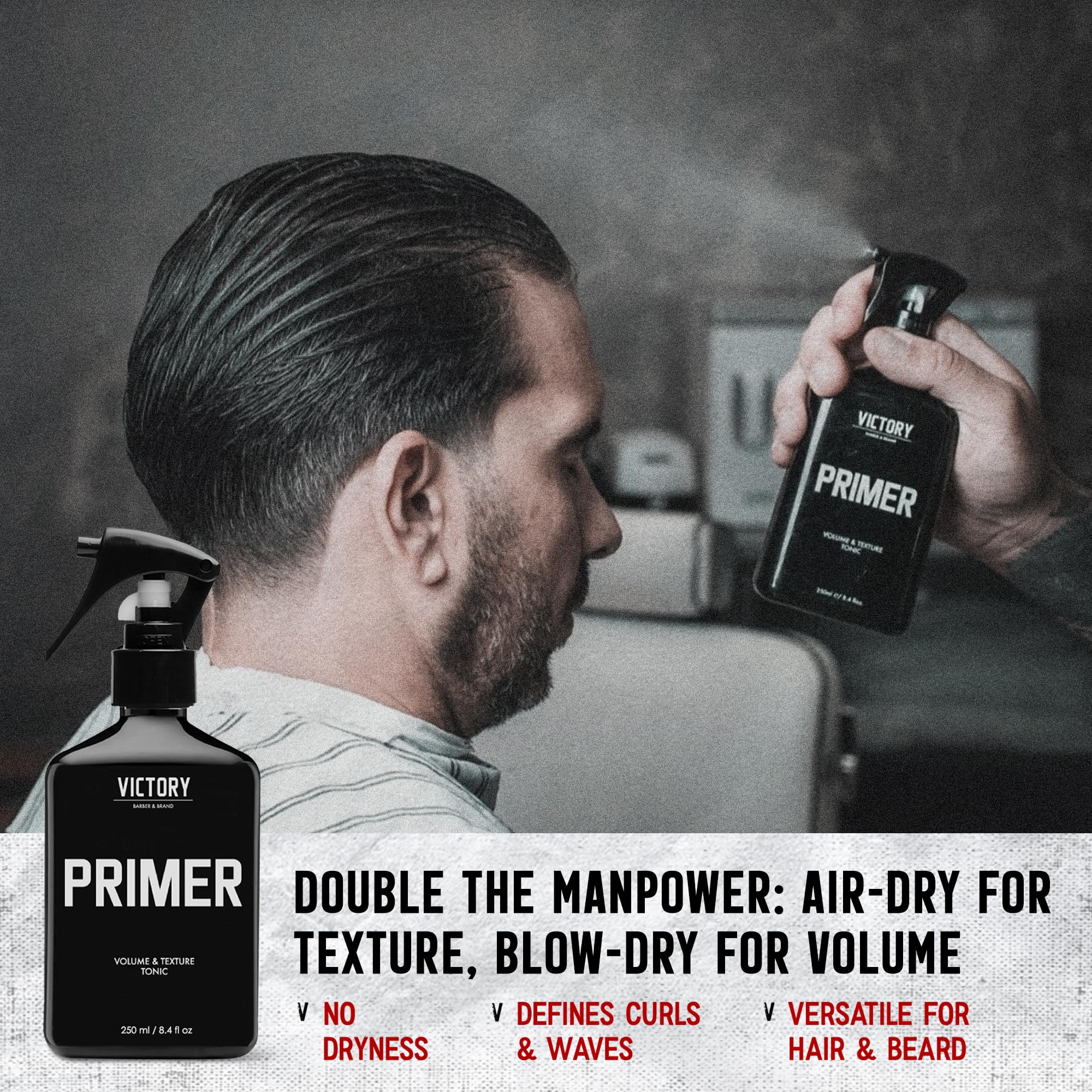Victory Primer hands-application shows simple spray-on styling for quick refresh.
