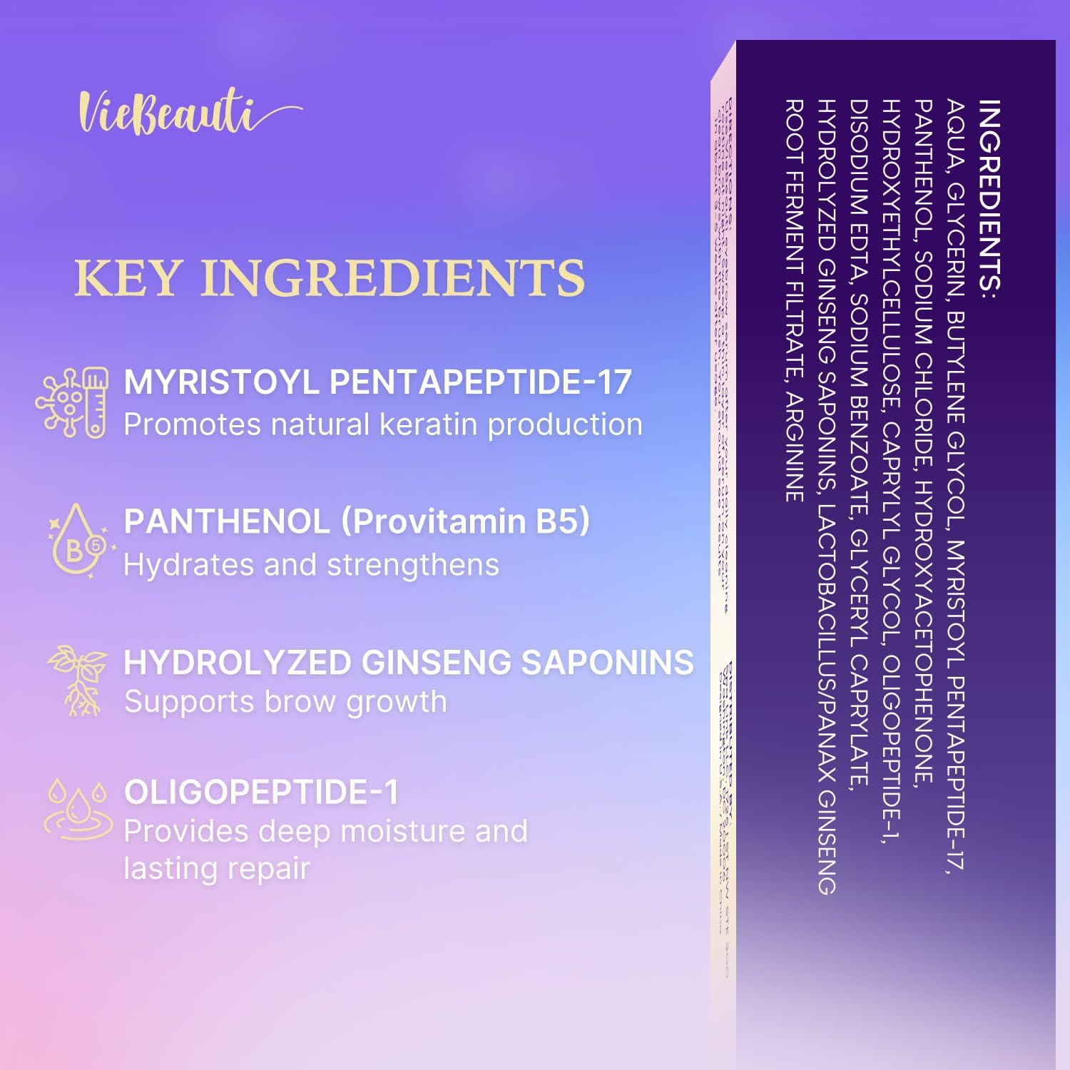 VieBeauti Lash Serum 3mL bottle on vanity shows vegan cruelty-free beauty promise.