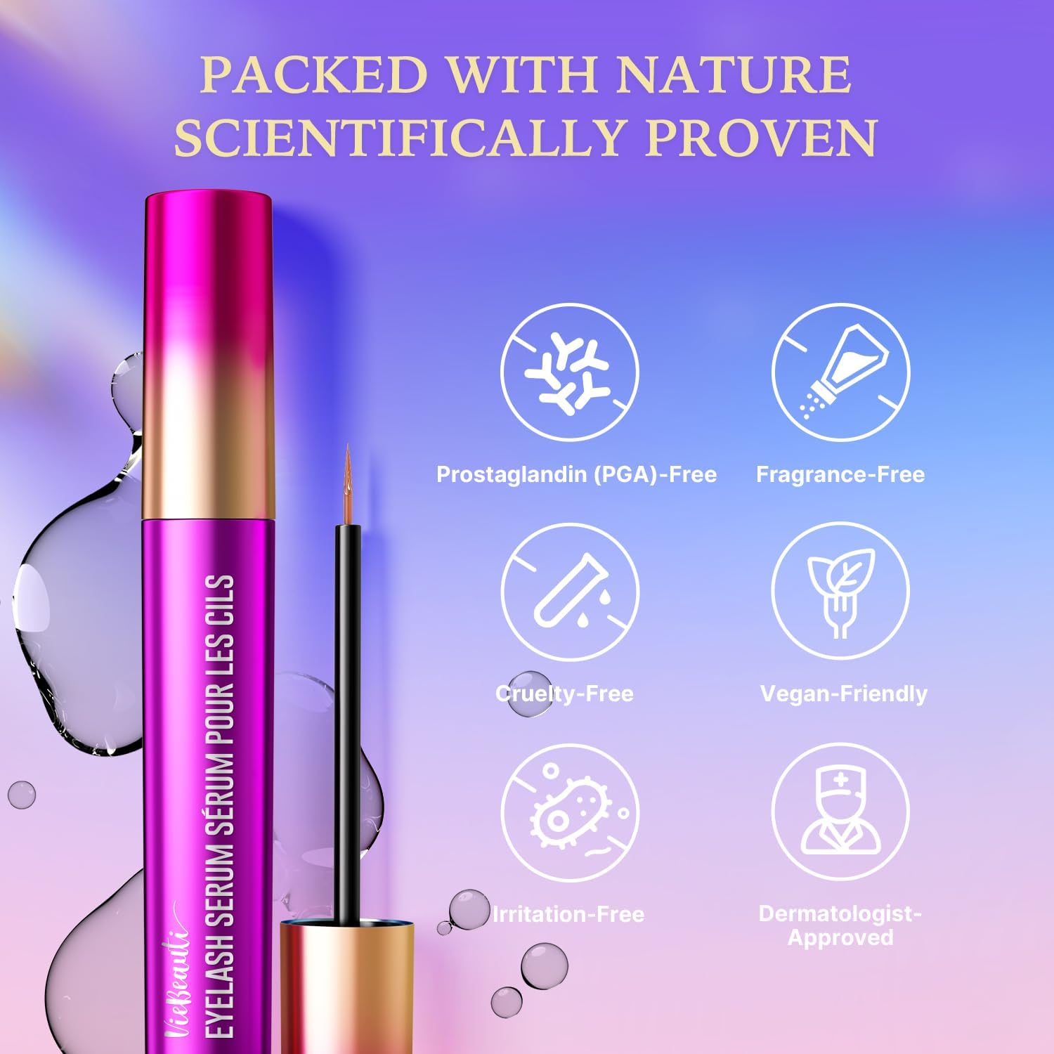 VieBeauti Lash Serum with cacalia extract label close-up highlights natural ingredients.